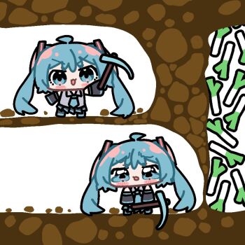 aqua_eyes aqua_hair aqua_necktie bare_shoulders black_sleeves blush chibi chibi_only detached_sleeves digging_for_diamonds_(meme) dirt excited grey_shirt hair_ornament hashtag-only_commentary hatsune_miku holding holding_pickaxe long_hair meme necktie pickaxe sad shirt sleeveless sleeveless_shirt spring_onion tearing_up twintails very_long_hair vocaloid yukkuri_yuduki