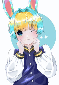 Rule 34 | 1boy, animal crossing, animal ears, bad id, bad pixiv id, bag, blonde hair, blue eyes, blue hair, blush, commentary, floral print, highres, male focus, multicolored hair, nintendo, one eye closed, open mouth, personification, rabbit boy, rabbit ears, sasha (animal crossing), smile, solo, teeth, trap, two-tone hair, user utdt7232