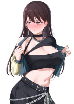 1girl bang_dream! bang_dream!_it&#039;s_mygo!!!!! black_choker black_shirt blush breasts choker cleavage commission cowboy_shot ear_piercing embarrassed facing_away highres jacket large_breasts linked_piercing long_hair midriff miyamu mole mole_under_eye navel open_clothes open_jacket piercing pixiv_commission purple_eyes shiina_taki shirt simple_background solo undressing white_background