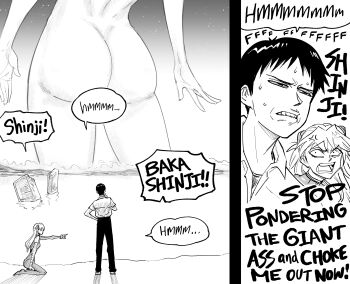 1boy 2girls absurdres anger_vein angry ass ayanami_rei bandaged_arm bandages bb_(baalbuddy) bodysuit breasts character_name clenched_teeth commentary english_commentary english_text full_body giant giantess greyscale hair_ornament highres ikari_shinji long_hair looking_at_another monochrome multiple_girls neon_genesis_evangelion nude open_mouth pants pointing pointing_at_another school_uniform shirt short_hair short_sleeves souryuu_asuka_langley speech_bubble standing sweat teeth the_end_of_evangelion