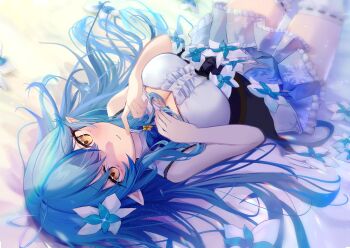 Rule 34 | 1girl, absurdres, ahoge, bare shoulders, blue coat, blue hair, blush, braid, breasts, cleavage, cleavage cutout, clothing cutout, coat, colored tips, commentary request, corset, elf, flower, frilled skirt, frills, fur trim, hair between eyes, hair flower, hair ornament, hat, heart, heart ahoge, highres, hololive, large breasts, long hair, looking at viewer, lying, multicolored hair, parted lips, pointy ears, ribbon, setokane, side braid, skirt, snowflake print, solo, thighhighs, very long hair, virtual youtuber, white flower, white hat, white thighhighs, yellow eyes, yukihana lamy, yukihana lamy (1st costume)