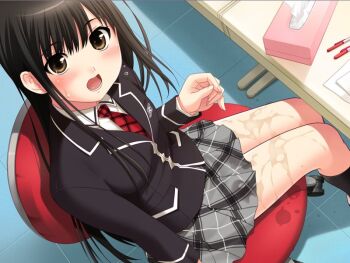 Rule 34 | 1girl, bishoujo (game), black hair, black socks, blazer, blush, brown eyes, chair, game cg, jacket, kneehighs, long hair, looking at viewer, necktie, nonohara miki, open mouth, pee, peeing, peeing self, plaid clothes, plaid skirt, school uniform, shoes, sitting, skirt, socks, solo, tachibana kyouka (bishoujo), tissue, tissue box, toilet, toilet paper, toilet use