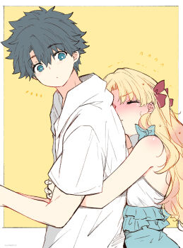 1boy 1girl azumi_(myameco) black_hair blonde_hair blue_eyes closed_eyes commentary ereshkigal_(fate) ereshkigal_(swimsuit_beast)_(fate) fate/grand_order fate_(series) fujimaru_ritsuka_(male) fujimaru_ritsuka_(male)_(summer_street) hair_ribbon hug hug_from_behind jacket long_hair one-piece_swimsuit red_ribbon ribbon short_hair swimsuit symbol-only_commentary white_jacket yellow_background
