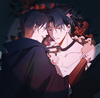 2boys animal_ears black_coat black_eyes breathing742105 coat collar commentary fangs flower grin hand_on_another&#039;s_shoulder kim_dokja looking_at_another male_focus multiple_boys omniscient_reader&#039;s_viewpoint open_mouth pointy_ears popped_collar red_flower red_rose rose smile spotlight symbol-only_commentary upper_body wolf_ears yoo_joonghyuk