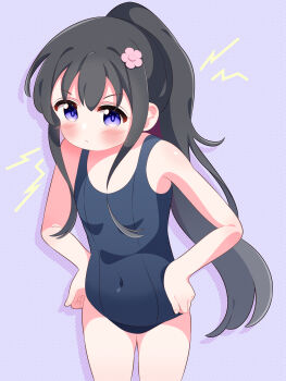 1girl angry black_hair blue_eyes blue_one-piece_swimsuit blue_school_swimsuit blush flat_chest flower hair_flower hair_ornament hands_on_own_hips high_ponytail leaning_forward loli long_hair looking_at_viewer one-piece_swimsuit pink_flower ponytail purple_background r245 school_swimsuit shirosaki_hana sidelocks standing swimsuit watashi_ni_tenshi_ga_maiorita!