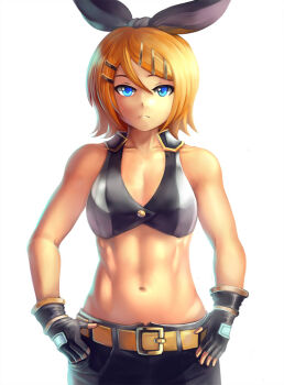 1girl abs bare_shoulders belt kagamine_rin_(black_star) blonde_hair blue_eyes crop_top female_focus fingerless_gloves frown gloves hair_ornament hair_ribbon hairclip kagamine_rin kodoku_no_hate_(vocaloid) looking_at_viewer midriff muscular navel project_diva_(series) project_diva_extend ribbon short_hair solo toned toned_female vocaloid yilx