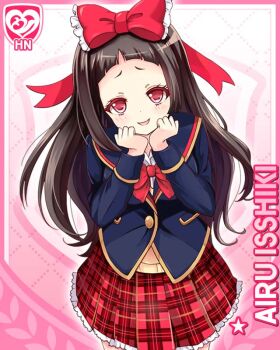 1girl blunt_bangs bow bowtie brown_hair card_(medium) cardigan character_name girlfriend_(kari) hair_bow isshiki_airu jacket looking_at_viewer official_art pink_background plaid_clothes plaid_skirt pleated_skirt qp:flapper raised_inner_eyebrows red_bow red_bowtie red_eyes red_skirt school_uniform shirt skirt smile solo white_shirt yellow_cardigan