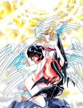 2boys angel asuka_ryou barefoot black_hair blonde_hair blood blue_eyes censored clamp convenient_censoring demon devilman fudou_akira guro head_wings highres multiple_boys nude pointy_ears satan_(mythology) what wings