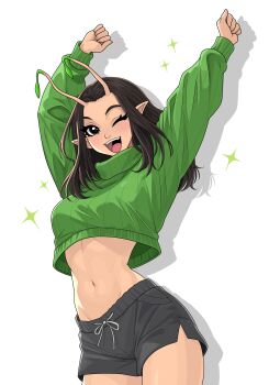 1girl :d abs absurdres alien antennae arms_up black_hair black_shorts blush breasts brown_eyes clenched_hands commentary cowboy_shot crop_top crop_top_overhang cropped_sweater dolphin_shorts drawstring drop_shadow english_commentary eyelashes green_sweater groin guardians_of_the_galaxy highres kim_kai light_blush long_hair long_sleeves looking_at_viewer mantis_(marvel) marvel marvel_rivals medium_breasts midriff navel one_eye_closed open_mouth parted_bangs pointy_ears ribbed_sweater shorts simple_background smile solo sparkle standing stretching sweater teeth toned toned_female turtleneck turtleneck_sweater upper_teeth_only white_background