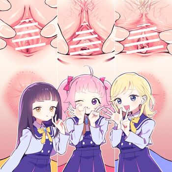 3girls :d ahoge anus aozora_himari arm_at_side bar_censor bent_v black_hair blonde_hair blonde_pubic_hair blue_eyes blue_gem blue_jacket blue_sailor_collar blue_skirt bow censored clitoral_hood clitoris close-up colored_pubic_hair commentary_request cowboy_shot dot_nose female_pubic_hair gem hand_up hands_up highres himitsu_no_aipri hoshikawa_mitsuki index_finger_raised jacket light_blush long_hair long_sleeves looking_at_viewer multiple_girls multiple_views ok_sign one_eye_closed open_clothes open_hand open_jacket open_mouth outline paradise_private_academy_school_uniform pink_bow pink_hair pink_pubic_hair pleated_skirt pretty_series pubic_hair purple_eyes pussy pussy_juice romaji_commentary sailor_collar school_uniform simple_background skirt smile spread_fingers spread_pussy spreading_own_pussy standing straight_hair suzukaze_tsumugi symbol-shaped_pupils triangle-shaped_pupils twintails ukokkei urethra v white_background white_outline yellow_bow yellow_eyes