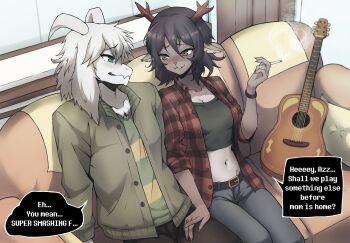 1boy 1girl :d absurdres animal_ear_piercing animal_ears animal_nose antlers asriel_dreemurr bass_guitar belt between_fingers black_belt black_hair black_pants blush breasts brown_eyes brown_fur buck_teeth buttons cigarette cleavage collarbone collared_jacket commentary couch cowboy_shot curtains dark-skinned_female dark_skin december_holiday deer_antlers deer_ears deer_girl deltarune denim design_speculation double-parted_bangs english_commentary english_text fangs from_above furry furry_female furry_male furry_with_furry goat_boy goat_horns green_eyes green_jacket green_sweater grey_pants grin hair_between_eyes hand_on_another's_thigh hetero highres holding holding_cigarette horns indoors instrument jacket jeans midriff nail_polish navel nose_blush on_couch open_clothes open_jacket open_mouth pants pillow plaid_clothes plaid_jacket profile puffy_nipples raised_inner_eyebrows red_jacket red_nails short_hair sitting skin_fangs small_breasts smile smoke speech_bubble striped_clothes striped_sweater sweater teeth three-quarter_sleeves two-tone_sweater utdr_(toby_fox) v-neck vegasvat1 watch white_fur white_horns window wristwatch yellow_sweater