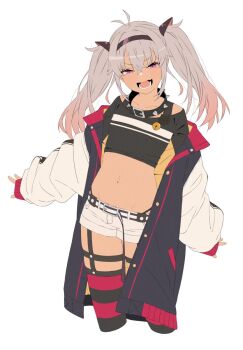 1girl akitetsu belt collar crop_top flat_chest grey_hair highres jacket long_hair looking_at_viewer matsukai_mao navel nijisanji open_clothes open_jacket open_mouth panty_straps purple_eyes short_shorts shorts smile solo spiked_collar spikes thighhighs twintails