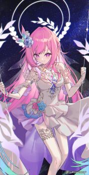 1girl absurdres bare_shoulders breasts cyrene_(honkai:_star_rail) cyrene_(ripples_of_past_reverie)_(honkai:_star_rail) dress flower hair_flower hair_ornament highres honkai:_star_rail honkai_(series) large_breasts long_hair looking_at_viewer nanana184555 on_swing pink_hair purple_eyes sky star_(sky) starry_sky swing twitter_username white_dress