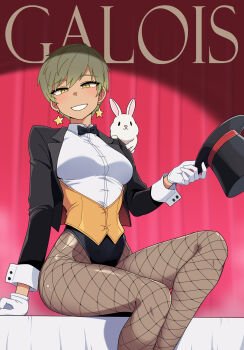1girl absurdres animal animal_on_shoulder artist_name black_bow black_bowtie black_hat black_jacket bow bowtie breasts brown_hair commentary curtains fishnet_pantyhose fishnets galois gloves hat highleg highleg_leotard highres holding holding_unworn_clothes holding_unworn_hat jacket jamie_diaz leotard medium_breasts odyssey_(galois) pantyhose rabbit shirt short_hair sitting smile solo stage star_(symbol) top_hat traditional_bowtie unworn_hat unworn_headwear white_gloves white_shirt yellow_eyes