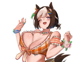 1girl absurdres animal_ears bare_shoulders bead_necklace beads bikini black_hair blush bouncing_breasts breasts cleavage commentary detached_sleeves ear_flower frilled_bikini frills hands_up highres horse_ears horse_girl horse_tail jewelry large_breasts looking_at_viewer necklace official_alternate_costume one_eye_closed open_mouth orange_bikini plaid_bikini plaid_clothes puffy_sleeves purple_eyes short_hair simple_background smile solo special_week_(hopp&#039;n_happy_heart)_(umamusume) special_week_(umamusume) swimsuit tail umamusume unaligned_breasts upper_body weebchair white_background white_hair white_streaks wrist_flower