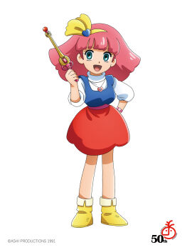 1girl :d artist_name blunt_bangs boots bow commentary_request full_body hairband hand_on_own_hip highres holding jewelry looking_at_viewer mahou_no_princess_minky_momo minky_momo open_mouth pink_hair short_hair skirt smile solo standing tominaga_mari wand yellow_hairband