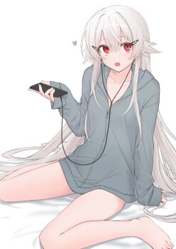 Rule 34 | 1girl, barefoot, bed sheet, cellphone, collarbone, earbuds, earphones, grey hair, grey jacket, hair between eyes, hair flaps, hair ornament, hairclip, heart, highres, holding, holding phone, hood, hood down, hooded jacket, jacket, kawama shuusuke, long hair, long sleeves, looking at viewer, open mouth, original, phone, puffy long sleeves, puffy sleeves, red eyes, simple background, sitting, sleeves past wrists, solo, very long hair, wariza, white background