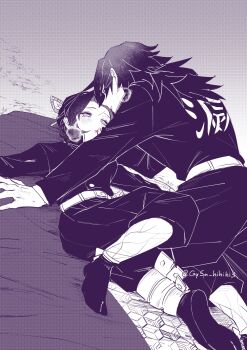 1boy 1girl belt black_hair black_jacket black_pants black_socks blush breasts butterfly_hair_ornament commentary couple demon_slayer_uniform finger_to_another&#039;s_mouth gysn_hihihi3 hair_between_eyes hair_ornament half-closed_eyes heavy_breathing hetero highres jacket kimetsu_no_yaiba kochou_shinobu long_hair looking_at_another medium_breasts pants parted_bangs sidelocks socks symbol-only_commentary tabi tomioka_giyuu twintails updo white_belt