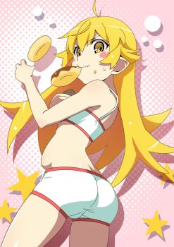 1girl ahoge belly blonde_hair blush_stickers boyshort_panties bra chocolate_donut closed_mouth curled_fingers donut double-parted_bangs drop_shadow fang flipped_hair floating_food food food_in_mouth food_on_face from_side gesugesu_ahoaho hair_flaps halftone halftone_background hand_on_own_chest hand_up highres holding holding_donut holding_food light_frown long_hair looking_at_viewer monogatari_(series) mouth_hold oshino_shinobu panties pink_background pointy_ears red_trim ringed_eyes skin_fang solo star_(symbol) sweatdrop underwear v-shaped_eyebrows white_bra white_panties yellow_eyes