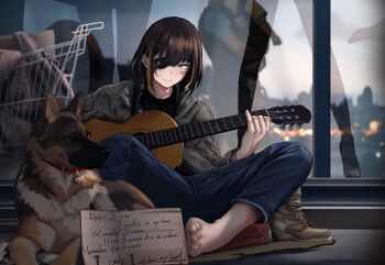 1girl amputee bandaid bandaid_on_face barefoot boots box brown_hair busking camouflage camouflage_jacket cardboard_box collar commentary commission denim dog english_commentary english_text eyepatch feet girls'_frontline guitar highres homeless instrument jacket jeans m16a1_(girls'_frontline) military_jacket mole mole_under_eye multicolored_hair pants reflection second-party_source shopping_cart shuten_(project_sky) solo_focus streaked_hair toes unworn_footwear