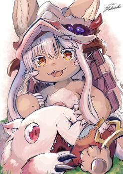 1other :3 androgynous animal_ears brown_fur commentary_request creature ears_through_headwear fake_horns fangs furry helmet highres horizontal_pupils horned_helmet horns made_in_abyss missing_eye mitty_(made_in_abyss) multicolored_pants nanachi_(made_in_abyss) open_mouth other_focus pants pikaichi5010 signature sitting swept_bangs whiskers white_hair yellow_eyes