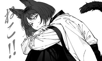 Rule 34 | 1girl, animal ear fluff, animal ears, bags under eyes, blue archive, bob cut, cat ears, cat girl, cat tail, closed mouth, commentary request, expressionless, haori, highres, japanese clothes, kani ka nanika, kikyou (blue archive), knees up, leaning forward, nail polish, short hair, simple background, solo, tail, translation request, white background