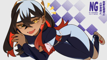 1girl :d absurdres ame_akira black_hair blue_jacket blue_pants blueberry_academy_school_uniform carmine_(pokemon) colored_inner_hair crossed_bangs full_body gloves hair_between_eyes hairband highres jacket long_hair looking_at_viewer mole mole_under_eye multicolored_hair nintendo open_mouth pants pokemon pokemon_sv red_gloves red_hair school_uniform single_glove smile solo two-tone_hair yellow_eyes yellow_hairband