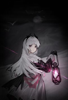 1girl arknights black_dress black_eyes black_gloves chinese_commentary commentary_request dark dress feng_qi_zhiwu gloves glowing grey_dress grey_hair hand_up holding holding_lantern irene_(arknights) lantern long_hair long_sleeves looking_at_viewer looking_back night outdoors parted_lips partial_commentary pink_pupils solo turning_head