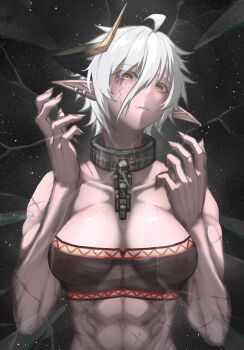 1girl abs absurdres ahoge azura_anblue bdsm breasts chain collar collarbone dragon_girl dragon_horns earrings fang fingernails highres horns jewelry looking_at_viewer medium_breasts metal_collar muscular muscular_female nipple_piercing nipples original piercing pointy_ears scar see-through_clothes sharp_fingernails short_hair single_horn skin_fang slave strapless tube_top white_hair yellow_eyes