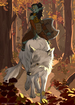 1girl absurdres arm_wrap armor autumn_leaves bead_necklace beads beebeedibapbeediboop black_eyes black_hair bodypaint brown_sandals brown_skirt colored_sclera commentary commission cuirass dagger earrings english_commentary facepaint falling_leaves female_goblin flower forest full_body goblin grass green_skirt grin hair_over_shoulder hand_on_animal highres holding holding_sword holding_weapon jewelry knife leaf leather_armor looking_to_the_side nature necklace original outdoors path pointy_ears ponytail red_flower riding riding_animal road sandals sharp_teeth sheath sheathed skirt smile solo sparkle sword teeth tree twitter_username weapon white_wolf yellow_sclera