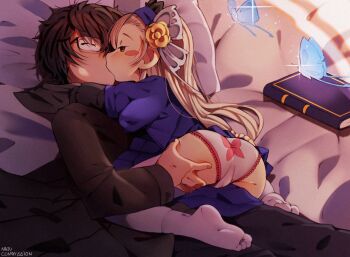 1boy 1girl amamiya_ren animal_print artist_name black_coat black_hair blonde_hair blue_dress blue_hairband blush blush_stickers book bug butterfly butterfly_print cameltoe closed_eyes clothes_lift coat commission dress dress_lift flower glasses grabbing_another's_ass groping hairband hetero highres hug insect kiss lavenza_(persona_5) loli long_hair long_sleeves najucaju_naju orange_eyes panties persona persona_5 persona_5_the_royal pink_panties short_hair thighhighs underwear white_thighhighs