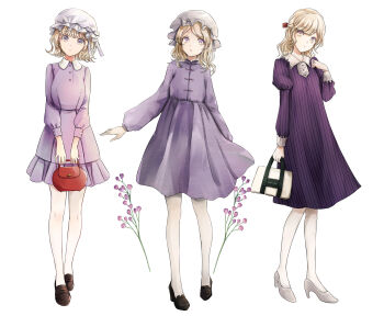 1girl :o alternate_costume bag blonde_hair breasts brown_shoes buttons chinese_clothes closed_mouth collar dress flower flower_request hair_ribbon handbag hat high_heels highres holding holding_bag lace long_dress looking_at_viewer maribel_hearn medium_hair mob_cap no_headwear open_mouth pantyhose poteimo_(poteimo622) red_bag red_ribbon ribbon shoes short_hair simple_background solo striped_clothes striped_dress touhou vertical-striped_clothes vertical-striped_dress white_background white_bag white_collar white_hat white_pantyhose white_shoes