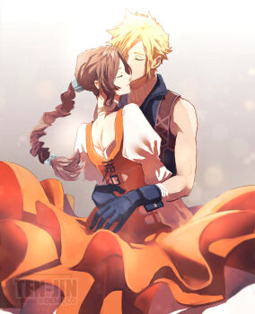 1boy 1girl aerith_gainsborough aerith_gainsborough_(garnet's_gown) arms_around_waist artist_name bandaged_wrist bandages bare_shoulders black_choker black_gloves black_vest black_wrist_cuffs blonde_hair bow braid braided_ponytail brown_hair choker closed_eyes cloud_strife cloud_strife_(zidane's_outfit) commentary_request cosplay couple cow demi_co dress final_fantasy final_fantasy_vii final_fantasy_vii:_ever_crisis garnet_til_alexandros_xvii garnet_til_alexandros_xvii_(cosplay) gloves grey_background hair_bow hair_ornament hairclip hetero highres juliet_sleeves kissing_hair long_dress long_hair long_sleeves official_alternate_costume orange_dress parted_bangs puffy_sleeves shirt short_hair sidelocks single_braid sleeveless sleeveless_turtleneck spiked_hair suspenders sweater turtleneck twitter_username vest white_shirt white_sweater wrist_cuffs zidane_tribal zidane_tribal_(cosplay)