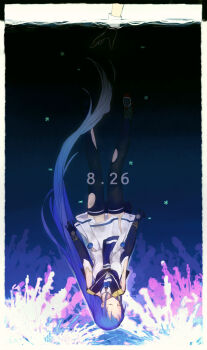 2girls black_gloves black_sailor_collar blue_hair blue_neckerchief border breasts character_request closed_eyes closed_mouth commentary coral elbow_gloves gloves highres historical_event kantai_collection long_hair multicolored_hair multiple_girls myuu_(hellomagic) neckerchief sailor_collar samidare_(kancolle) sinking skirt sleeveless solo_focus thighhighs timestamp torn_clothes torn_thighhighs underwater very_long_hair water white_skirt