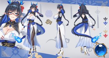 1girl ahoge asymmetrical_sleeves black_hair blue_eyes blue_fire blue_gloves blue_hair braid breasts cleavage cleavage_cutout clothing_cutout color_guide colored_inner_hair commentary dragon_girl dragon_horns dragon_tail english_commentary fire flame-tipped_tail gloves hair_intakes high_heels horns long_hair mole mole_on_breast multicolored_hair multiple_views nano_popo02 pantyhose pointy_ears reference_sheet sansha_safaia second-party_source semi-rimless_eyewear side_slit single_glove tail takara_live twin_braids virtual_youtuber
