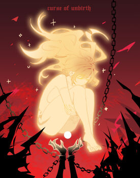 1girl absurdres arm_tattoo blonde_hair breasts chain closed_eyes closed_mouth colored_skin fire floating_hair full_body glowing glowing_skin highres hugging_own_legs jyuri_(shouz) knees_up large_breasts leg_tattoo long_hair nude original red_background red_fire shouz solo swept_bangs tattoo unconscious yellow_skin