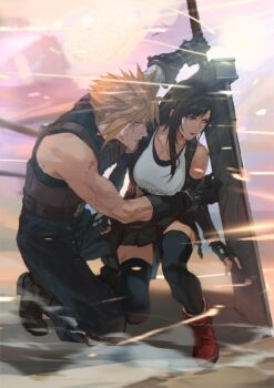 1boy 1girl ankle_boots armor bandaged_arm bandages battle belt black_boots black_gloves black_hair black_pants black_skirt black_thighhighs blonde_hair blue_eyes boots breasts brown_hair buster_sword cloud_strife combat_boots commentary crop_top dirty dirty_face elbow_gloves elbow_pads english_commentary final_fantasy final_fantasy_vii final_fantasy_vii_remake fingerless_gloves from_side full_body gloves highres large_breasts long_hair looking_afar low-tied_long_hair miniskirt multiple_belts on_one_knee pants pauldrons planted planted_sword planted_weapon pleated_skirt profile protecting red_boots red_eyes scratches serious shielding shinra_infantry_uniform shoulder_armor single_arm_guard single_elbow_pad single_pauldron single_shoulder_pad skirt sleeveless sleeveless_turtleneck smoke sparks spiked_hair spykeee suspender_skirt suspenders suspenders_gap sweat sword tank_top thighhighs thighs tifa_lockhart turtleneck under_fire weapon white_tank_top zettai_ryouiki