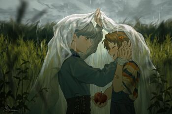 2boys apple bandaged_hand bandages bandaid bandaid_on_arm black_corset blanket_veil blurry brown_hair cloud cloudy_sky corset depth_of_field food fruit grass grey_hair grey_shirt hair_ornament hairclip hanamura_yousuke hand_on_another&#039;s_head hashtag-only_commentary highres holding holding_food holding_fruit jack-o&#039;-lantern jack-o&#039;-lantern_hair_ornament long_sleeves looking_at_another male_focus multiple_boys narukami_yu outdoors persona persona_4 rain shirt short_hair short_sleeves sky smile soda13erry striped_clothes striped_shirt tall_grass