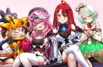 4girls ahoge amaimi animal_ear_hood animal_ears artist_glove black_gloves black_tube_top breasts brown_eyes cecilia_immergreen cecilia_immergreen_(1st_costume) cleavage colored_inner_hair doll_joints dress elizabeth_rose_bloodflame elizabeth_rose_bloodflame_(1st_costume) fake_animal_ears gigi_murin gigi_murin_(1st_costume) gloves green_eyes green_hair green_skirt grey_hair holojustice hololive hololive_english hood hoodie joints large_breasts looking_at_viewer multicolored_hair multiple_girls one_eye_closed orange_hoodie panther_ears panther_girl pink_hair raora_panthera raora_panthera_(1st_costume) shorts skirt smile strapless streaked_hair tube_top vest virtual_youtuber white_dress white_shorts white_vest