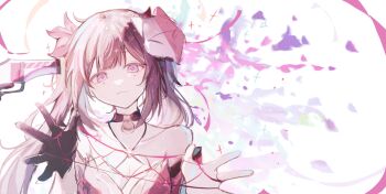 1girl 1other :3 bare_shoulders bell black_choker black_gloves bow breasts brown_hair cat&#039;s_cradle choker cleavage closed_mouth collarbone diamond_(shape) dress fox_mask gloves gun gun_to_head hair_bow handgun hands_up highres holding holding_string honkai:_star_rail honkai_(series) large_breasts long_hair looking_at_viewer mask mask_on_head neck_bell open_hands out_of_frame red_bow red_dress revolver seikan_no_momoge sidelocks simple_background single_glove sleeveless sleeveless_dress smile snubnosed_revolver solo_focus sparkle sparkle_(honkai:_star_rail) string string_of_fate twintails upper_body weapon white_background