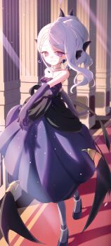 1girl absurdres black_pantyhose black_shoes blue_archive collarbone commentary dress earrings elbow_gloves full_body gloves highres hina_(blue_archive) hina_(dress)_(blue_archive) horns jewelry looking_at_viewer necklace pantyhose purple_dress purple_eyes purple_gloves shoes solo suwasui tail white_hair