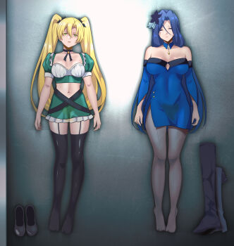 2girls absurdres autopsy autopsy_table black_thighhighs blonde_hair blue_hair breasts corpse death empty_eyes erika_(sokushi_cheat_ga_saikyou_sugite_isekai_no_yatsura_ga_marude_aite_ni_naranai_n_desu_ga) garter_straps green_eyes highres large_breasts long_hair lying lyrin_(haireirei) medium_breasts morgue multiple_girls navel rika_(sokushi_cheat_ga_saikyou_sugite_isekai_no_yatsura_ga_marude_aite_ni_naranai_n_desu_ga) sokushi_cheat_ga_saikyou_sugite_isekai_no_yatsura_ga_marude_aite_ni_naranai_n_desu_ga thighhighs twintails
