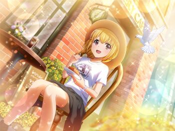 1girl bird black_hoodie brick_wall brown_eyes brown_hat cake cake_slice chair clothes_writing collarbone copyright_name dithering drink food fork game_cg hat holding holding_fork holding_plate hood hoodie looking_at_animal official_art on_chair open_mouth otori_michiru outdoors pigeon plate print_shirt shirt short_hair short_sleeves shoujo_kageki_revue_starlight shoujo_kageki_revue_starlight_-re_live- sitting solo table unworn_hoodie white_shirt wristband