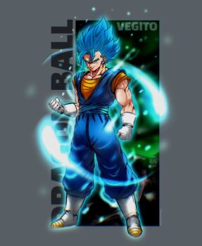 1boy blue_eyes blue_hair blue_pants blue_sash blue_shirt boots border dougi dragon_ball dragon_ball_super earrings energy_ball full_body gloves grey_border ham5037 highres jewelry male_focus medium_hair orange_shirt pants potara_earrings sash shirt solo spiked_hair super_saiyan super_saiyan_blue vegetto white_boots white_gloves