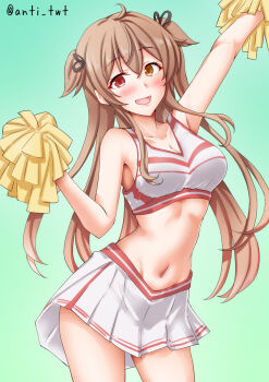 Rule 34 | 1girl, anti (untea9), armpits, bare shoulders, blush, breasts, brown eyes, brown hair, cheerleader, commentary request, cowboy shot, crop top, green background, hair between eyes, hair flaps, hair ornament, heterochromia, highres, holding, holding pom poms, kantai collection, large breasts, long hair, looking at viewer, midriff, murasame (kancolle), murasame kai ni (kancolle), navel, open mouth, pleated skirt, pom pom (cheerleading), pom poms, red eyes, ribbon, shirt, skirt, sleeveless, sleeveless shirt, smile, solo, two side up, white shirt, white skirt