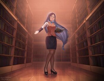 1girl alternate_form black_hair black_skirt blue_eyes blue_necktie book bookshelf commentary_request glasses hair_ornament high_heels highres holding holding_book library long_hair long_sleeves mon-musu_quest! necktie open_mouth page_65537 shirt skirt solo to_kage_p