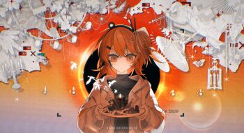 1girl a.i._voice adachi_rei bird black_shirt bug butterfly candlestand chromatic_aberration closed_mouth coat crossed_bangs crosshair crystal expressionless fast_forward_button ferris_wheel gloves goosen hair_ornament hair_ribbon headphones highres holding holding_plate insect long_sleeves looking_at_viewer medium_hair netsu_ijou_(utau) one_side_up open_clothes open_coat orange_eyes orange_hair plate recording ribbon satellite_dish shirt solo straight-on sun upper_body utau viewfinder white_coat white_gloves