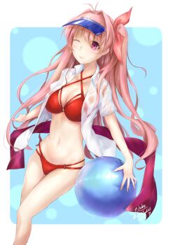 1girl absurdres antenna_hair bikini breasts chaos;head collarbone dress_shirt highres long_hair medium_breasts navel one_eye_closed open_clothes open_shirt pink_eyes pink_hair red_bikini sakihata_rimi science_adventure shirt solo stomach swimsuit thighs wet wet_clothes wet_shirt yakku