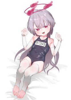 1girl absurdres blue_archive blush feet female_focus flat_chest grey_hair halo highres legs loli long_hair looking_at_viewer one-piece_swimsuit pointy_ears red_eyes samus123 school_swimsuit shuro_(blue_archive) smile solo swimsuit thighhighs thighs toeless_legwear toes white_thighhighs