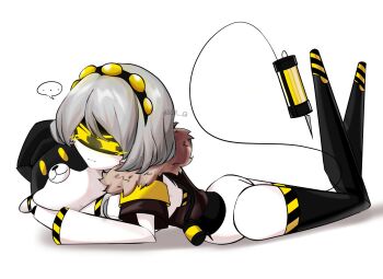 1girl animalization ass colored_skin dog female_focus glitch_productions grey_skin hat highres hug mecha_girl mechanical_tail murder_drones n_(murder_drones) robot_girl shiny_skin short_hair smile stuffed_toy tail thighhighs v_(murder_drones) wings yellow_eyes